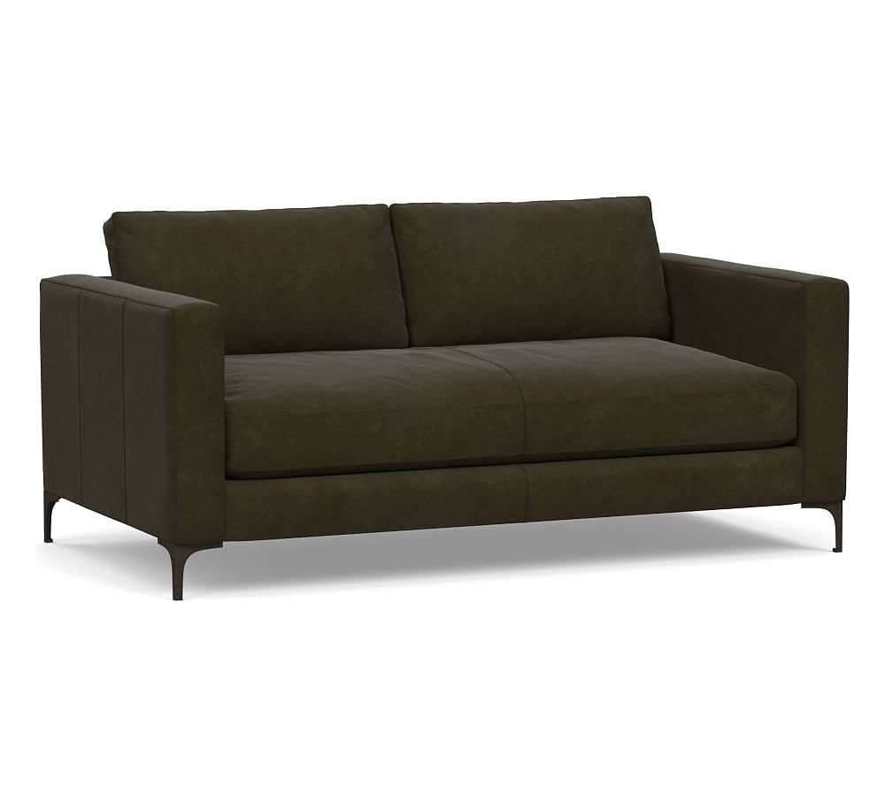 Jake Leather Loveseat with Bronze Legs, Down Blend Wrapped Cushions, Aviator Blackwood - Image 0
