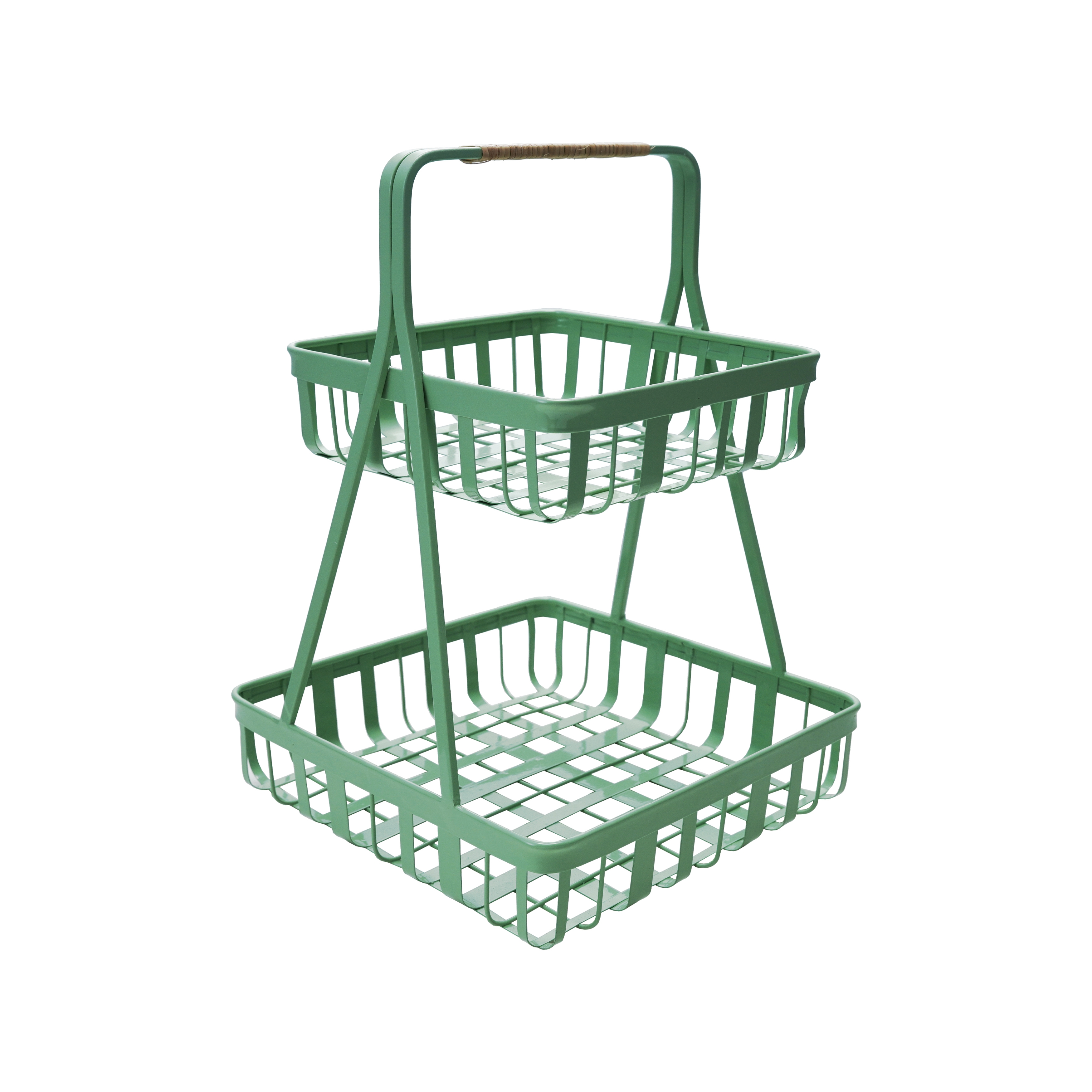 Decorative Metal 2-Tier Tray with Rattan Wrapped Handle, Mint - Image 0