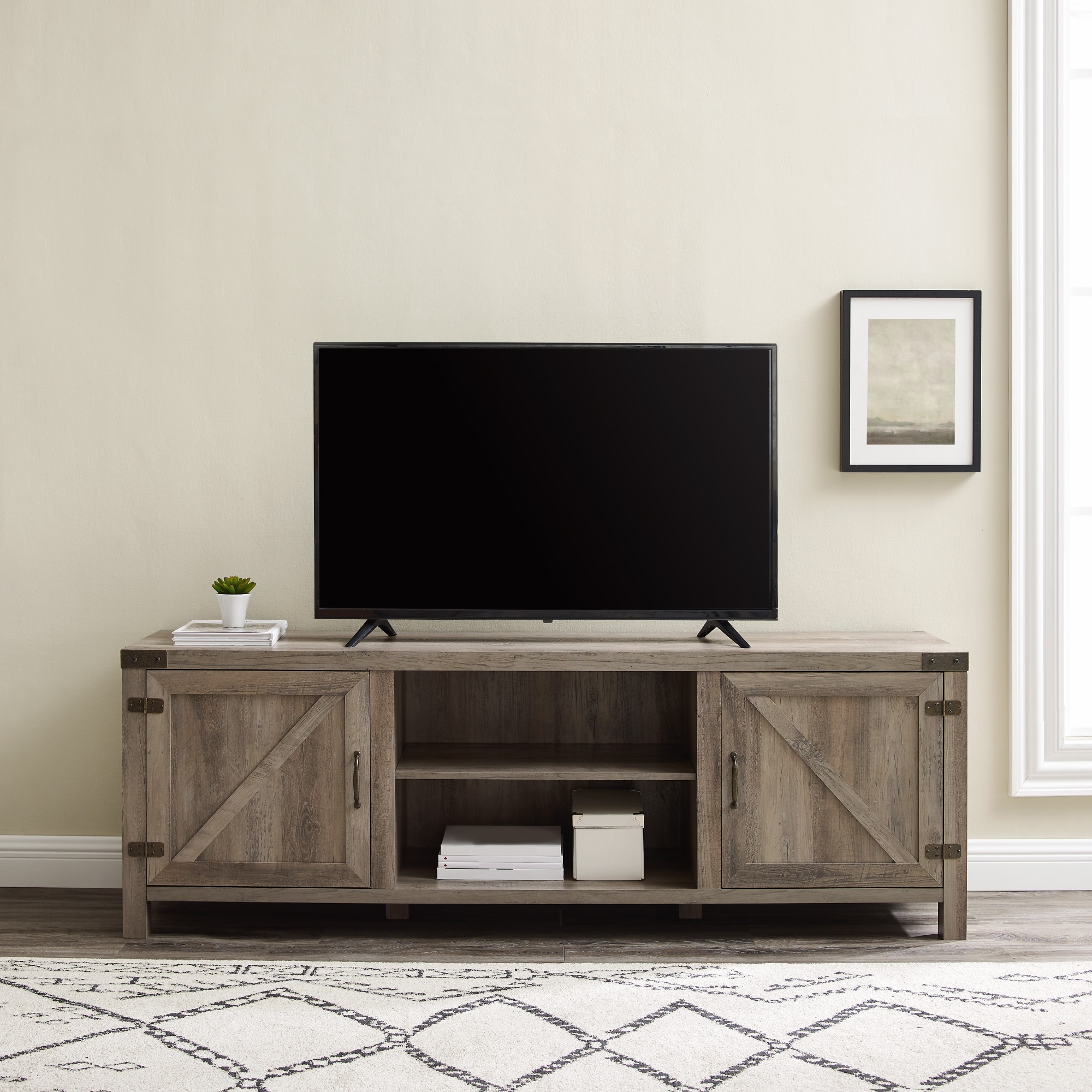 70" Modern Farmhouse Barn Door TV Stand - Grey Wash  - Image 5