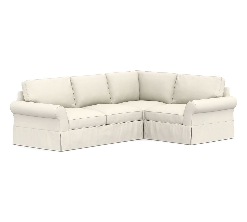 PB Comfort Roll Arm Slipcovered Left Arm 3-Piece Corner Sectional, Box Edge Down Blend Wrapped Cushions, Textured Twill Ivory - Image 0