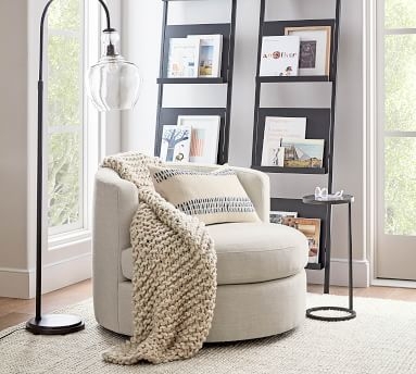Balboa Upholstered Swivel Armchair, Standard Cushions, Performance Heathered Basketweave Platinum - Image 3