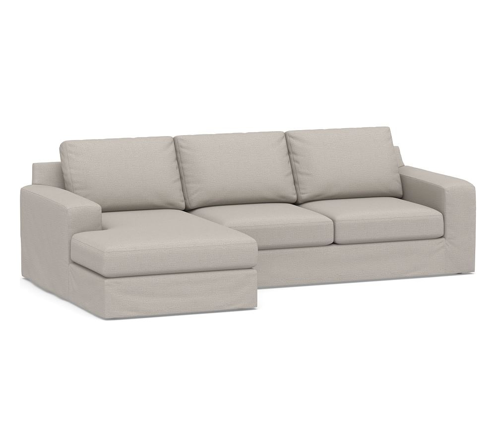 Big Sur Square Arm Slipcovered Right Arm Loveseat with Chaise Sectional, Down Blend Wrapped Cushions, Chunky Basketweave Stone - Image 0