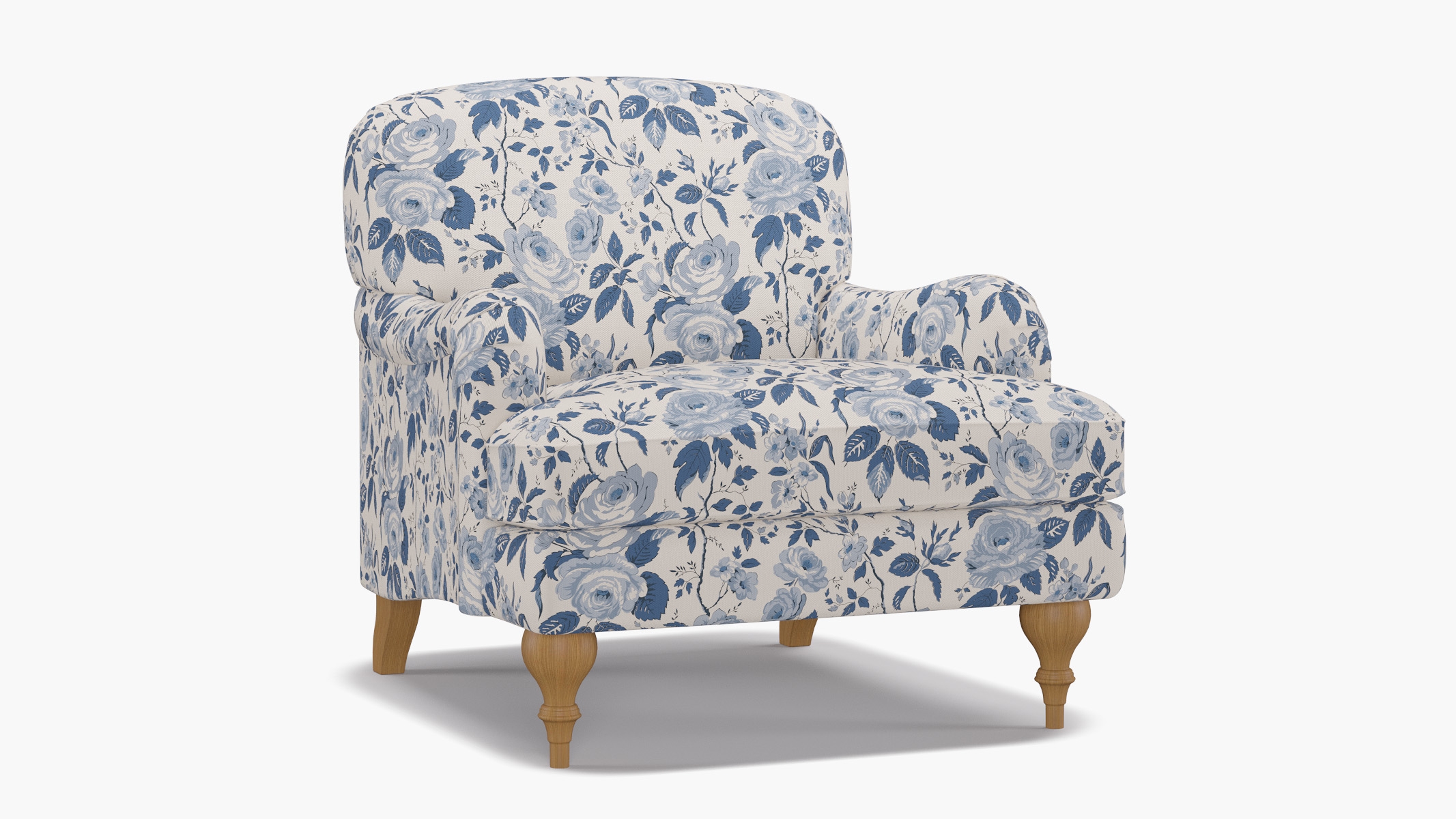English Roll Arm Chair, Delft Chintz, Natural Turned Wood Leg - Image 1