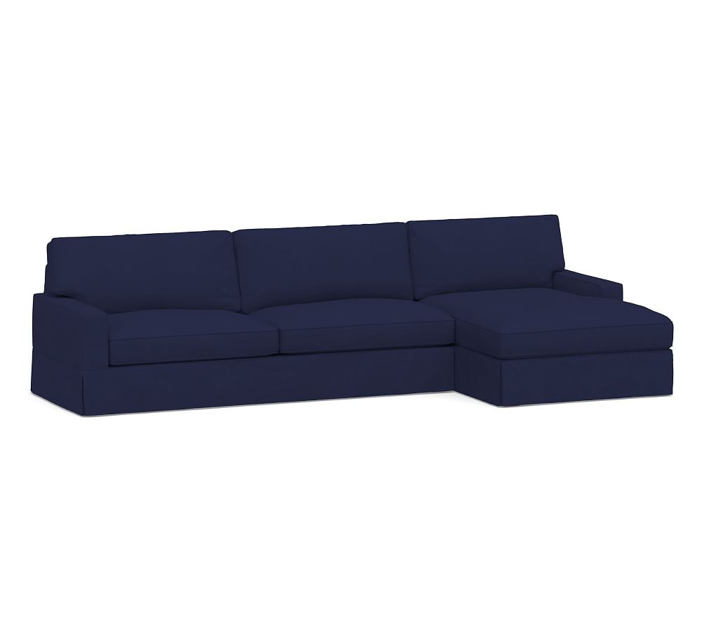 PB Comfort Square Arm Slipcovered Left Arm Sofa with Double Chaise Sectional, Box Edge Down Blend Wrapped Cushions, Performance Twill Cadet Navy - Image 0