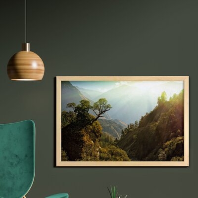 Ambesonne Landscape Wall Art With Frame, Forest Nepal Himalaya Mountains Sunlight Majestic Scenery Nature Photo, Printed Fabric Poster For Bathroom Living Room Dorms, 35" X 23", Green Pale Yellow - Image 0