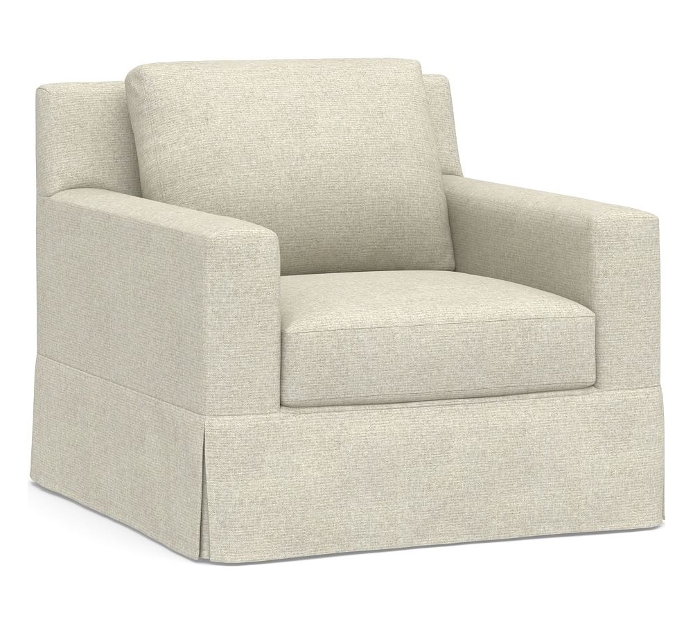 York Square Arm Slipcovered Swivel Armchair, Down Blend Wrapped Cushions, Performance Heathered Basketweave Alabaster White - Image 0