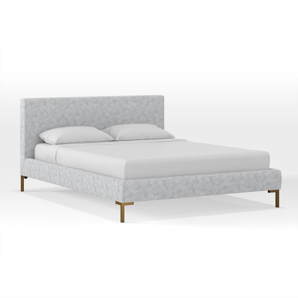 Upholstered Platform Bed, Cal King, Dottie Dots, Frost Gray, Brass - Image 0