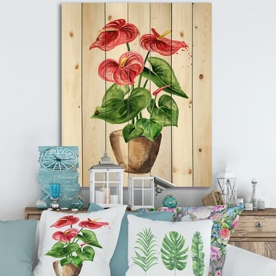 Anthurium Tailflower Or Flamingo Flower In The Pot - Traditional Print On Natural Pine Wood - Image 0
