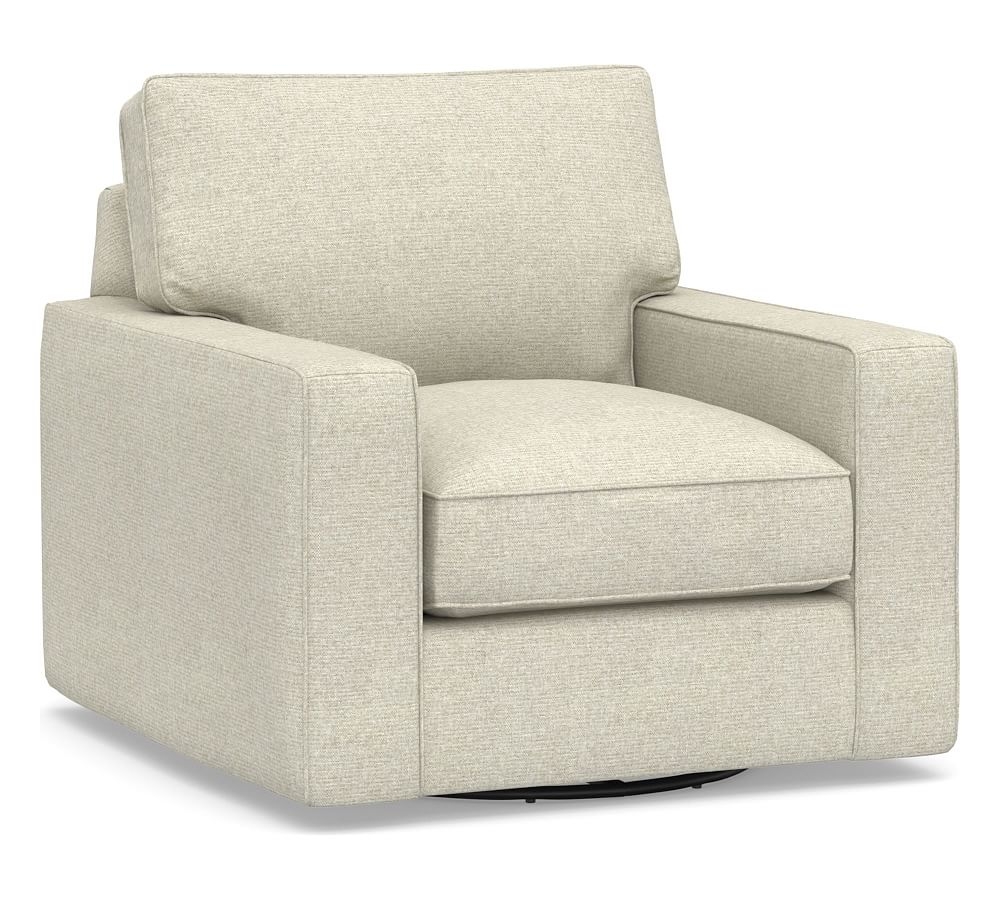 PB Comfort Square Arm Upholstered Swivel Armchair, Box Edge Down Blend Wrapped Cushions, Performance Heathered Basketweave Alabaster White - Image 0