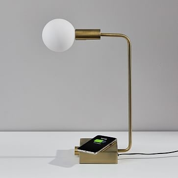 Modern Deco LED Charging Table Lamp + USB, Brass - Image 2