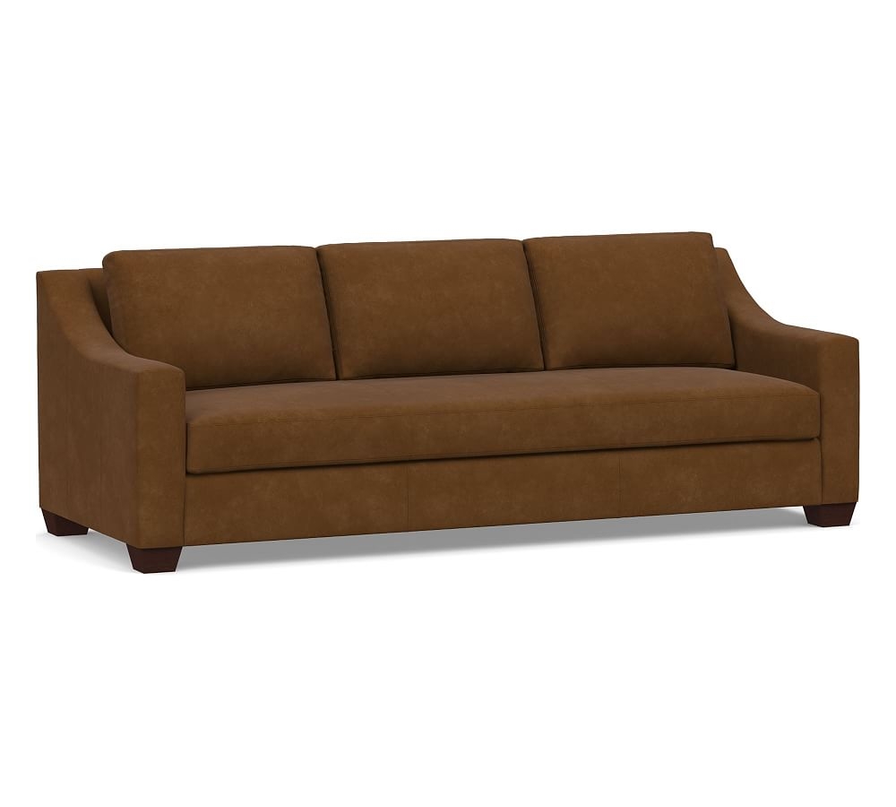 York Slope Arm Leather Grand Sofa 95" with Bench Cushion, Polyester Wrapped Cushions, Aviator Umber - Image 0