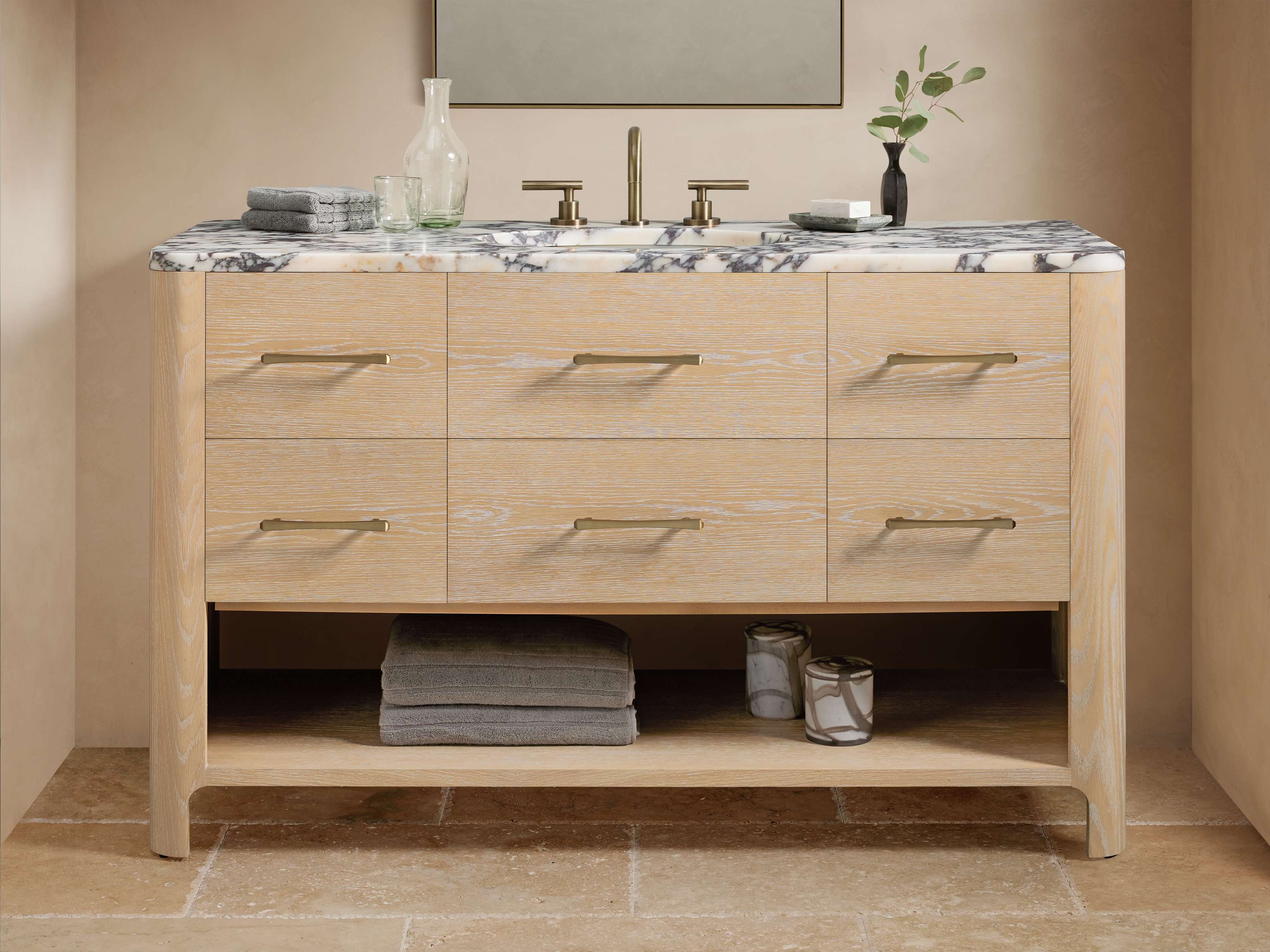 Calista Wide Single Vanity in Wood Natural  Calacatta Viola/Sand Brass - Image 0