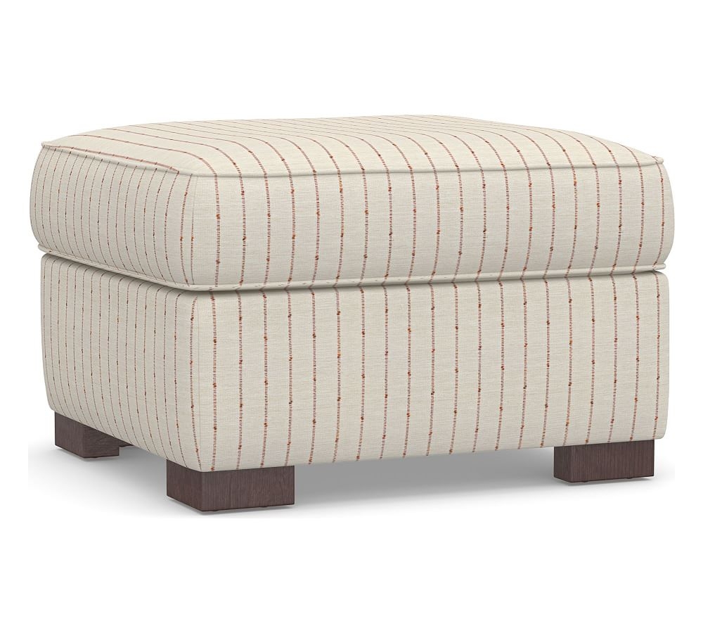 Townsend Upholstered Ottoman, Polyester Wrapped Cushions, Slubby Pinstripe Red - Image 0