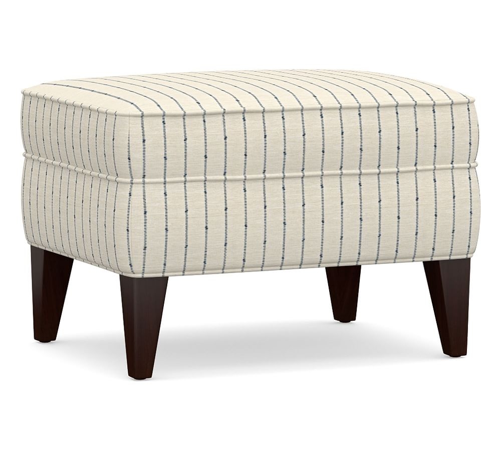Marcel Upholstered Ottoman, Polyester Wrapped Cushions, Slubby Pinstripe Blue - Image 0