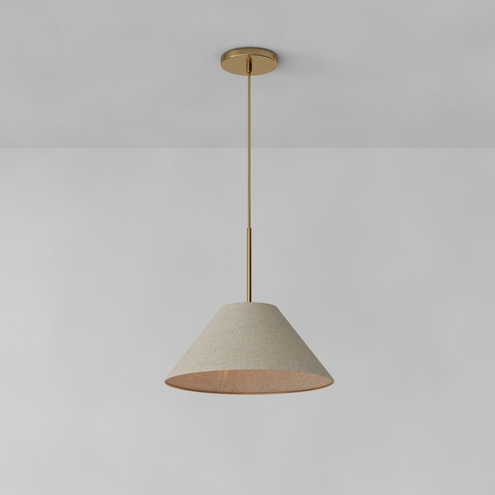 Sculptural Pendant Antique Brass Natural Linen Tapered Cone (18") - Image 0