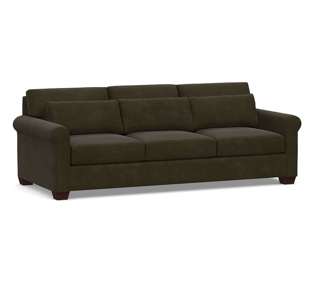 York Deep Seat Roll Arm Leather Grand Sofa 98", Polyester Wrapped Cushions, Aviator Blackwood - Image 0