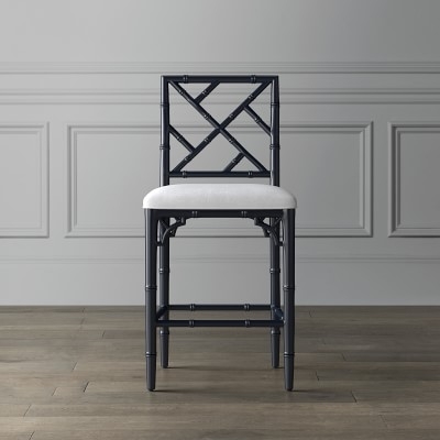 Chippendale Bistro Dining Counter Stool, Navy, Chunky Linen, White - Image 5