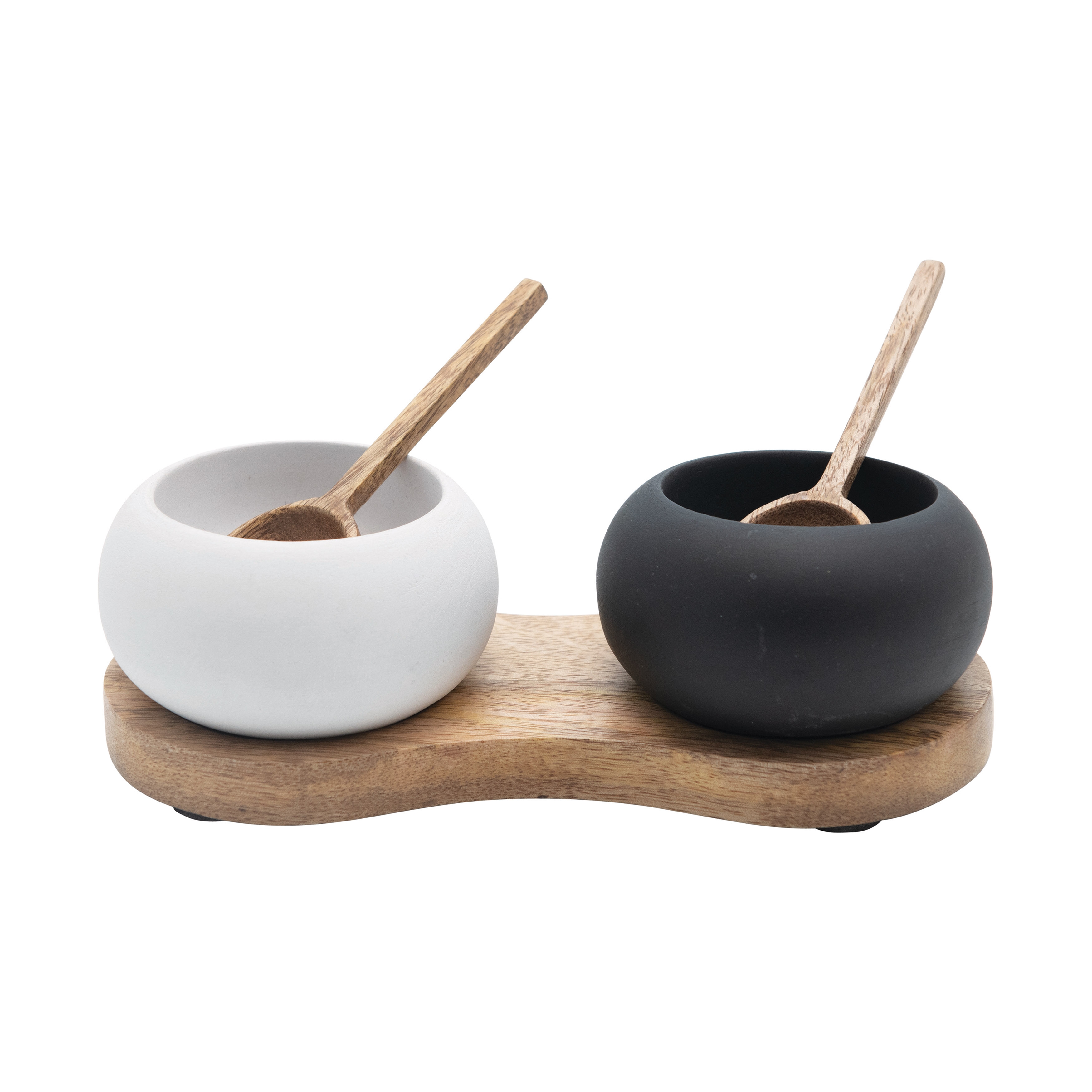 Mango Wood Tray with Black and White Pinch Pot Bowls with 2 Wood Spoons (Set of 5) - Image 0
