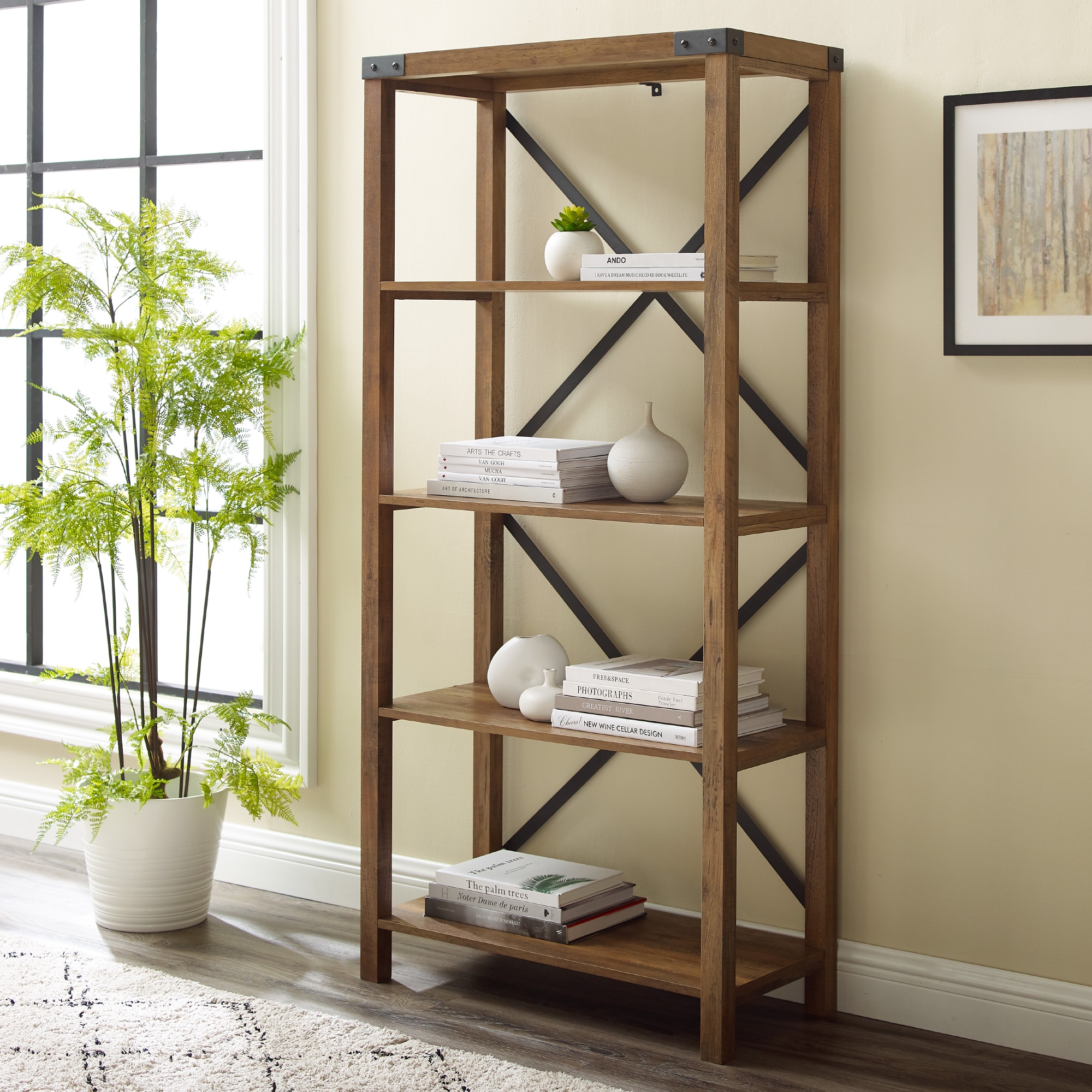 64" Farmhouse Metal X Bookshelf - Rustic Oak - Image 5