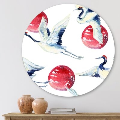Asian Crane Bird With Red Full Moon - Traditional Metal Circle Wall Art - Image 0