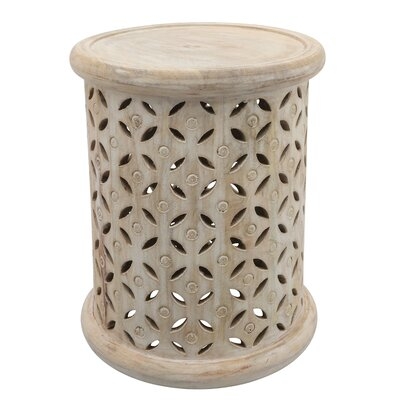 Wood, 18" Carved Side Table, White - Image 0