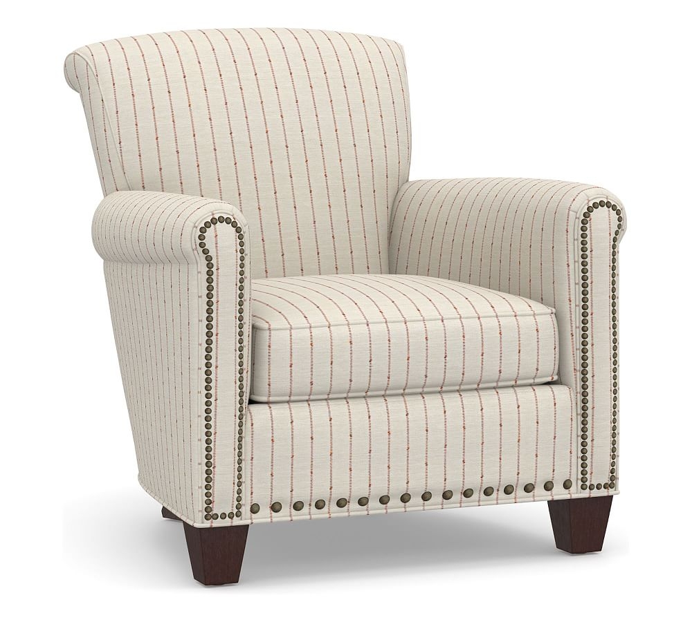 Irving Roll Arm Upholstered Armchair with Nailheads, Polyester Wrapped Cushions, Slubby Pinstripe Red - Image 0