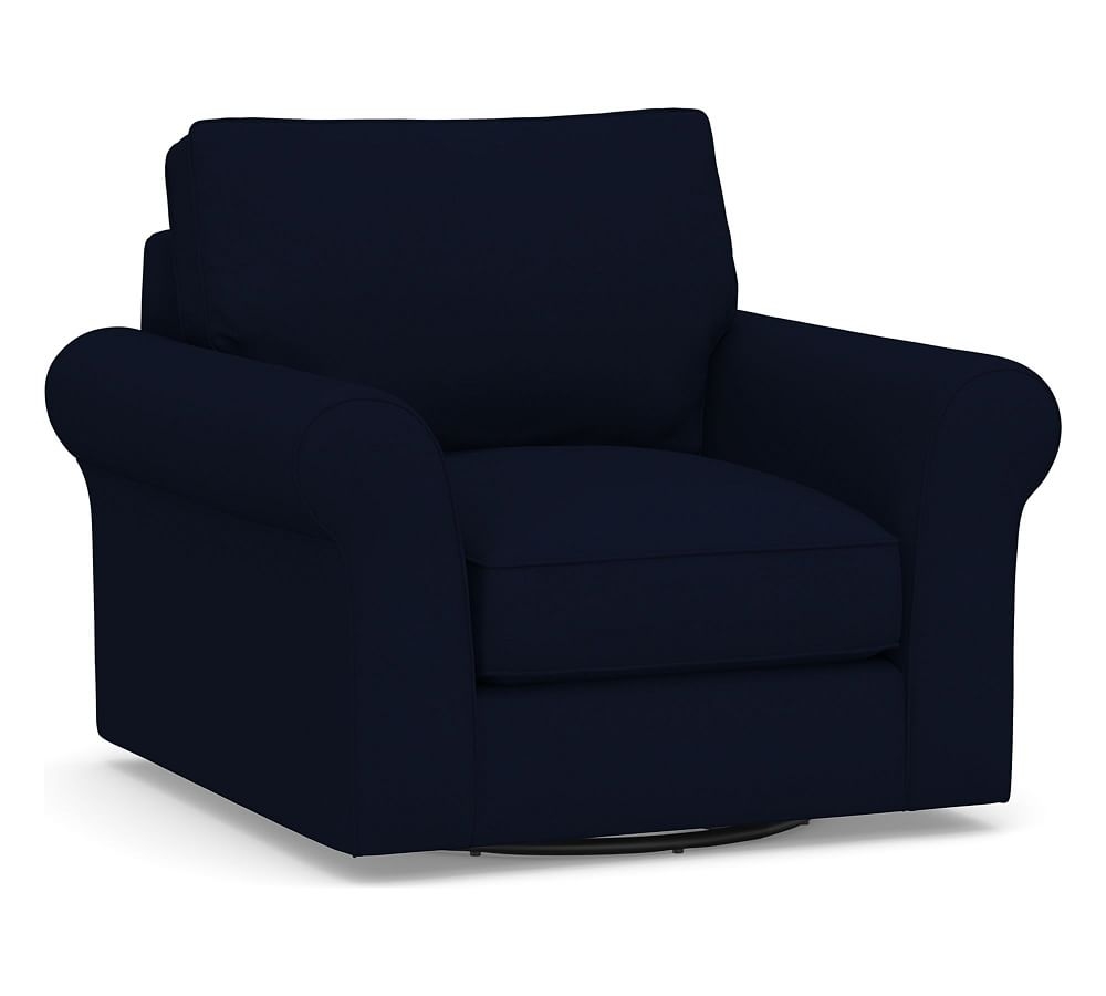 PB Comfort Roll Arm Upholstered Swivel Armchair, Box Edge Down Blend Wrapped Cushions, Performance Everydaylinen(TM) Navy - Image 0