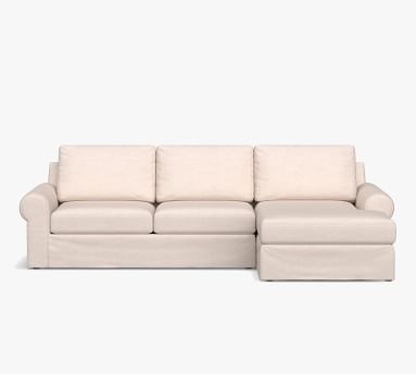 Big Sur Roll Arm Slipcovered Right Arm Grand Sofa with Chaise Sectional, Down Blend Wrapped Cushions, Performance Brushed Basketweave Oatmeal - Image 1