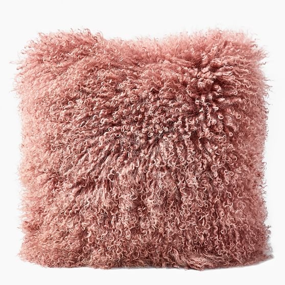Mongolian Lamb Pillow Cover with Down Alternative Insert, Pink Grapefruit, 16"x16" - Image 0