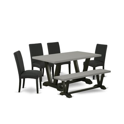 EE0C3CDDA04E4C949B677EB4044FFDA3 6Pc Dining Set- 4 Dining Room Chairs With Black Linen Fabric Seat - Dining Table And Dining Bench - Distressed Jacobean And Black Finish - Image 0
