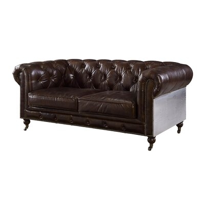 Hayner 72" Genuine Leather Rolled Arm Chesterfield Loveseat with Reversible Cushions - Image 0