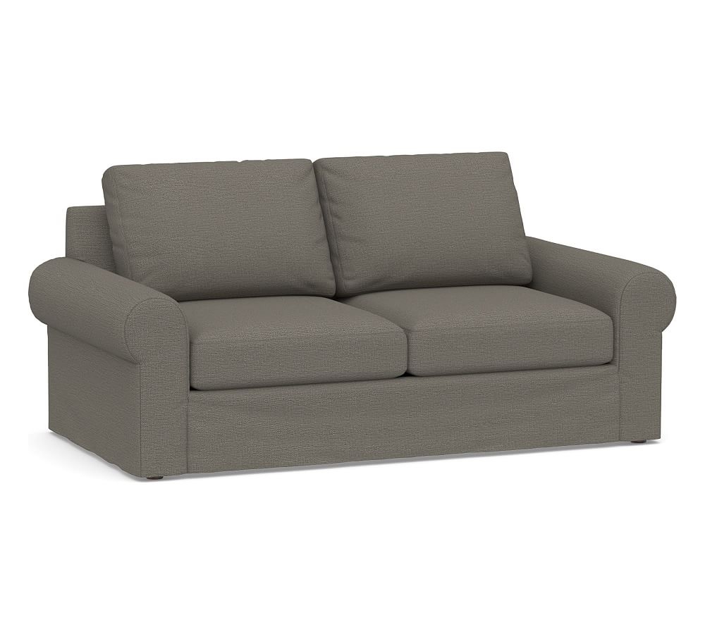 Big Sur Roll Arm Slipcovered Loveseat 77", Down Blend Wrapped Cushions, Chunky Basketweave Metal - Image 0