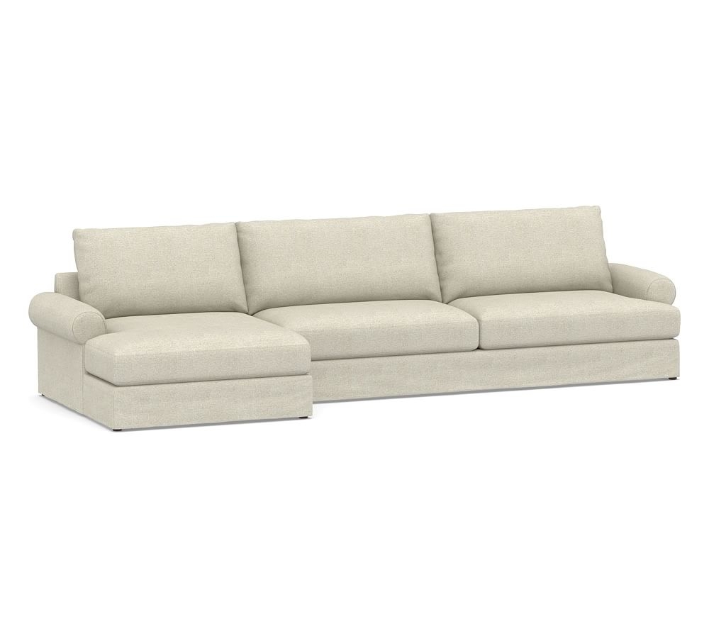 Canyon Roll Arm Slipcovered Right Arm Sofa with Double Chaise Sectional, Down Blend Wrapped Cushions, Performance Heathered Basketweave Alabaster White - Image 0