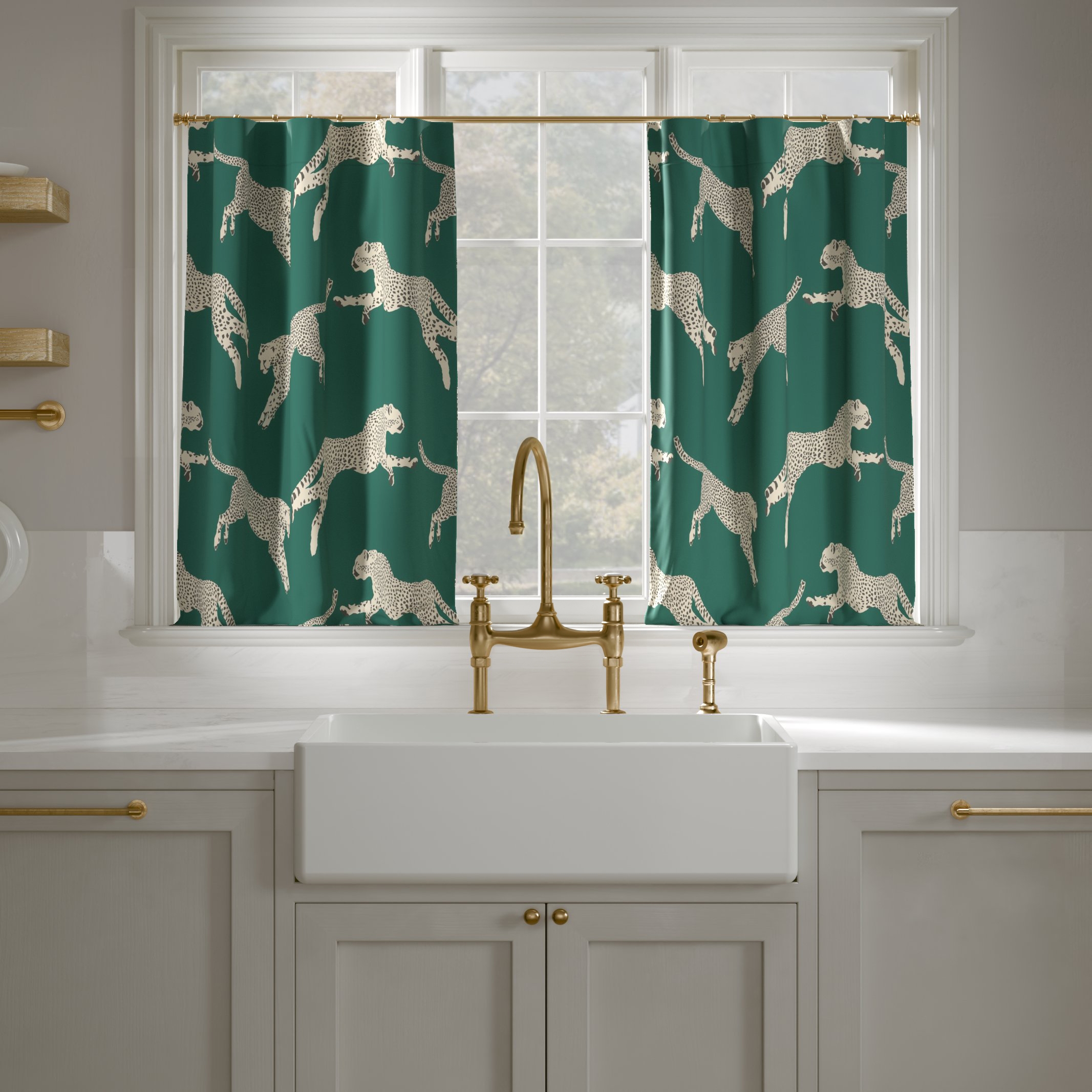 Printed Linen Café Curtain, Polo Green Cheetah, 25" x 24", Privacy - Image 0