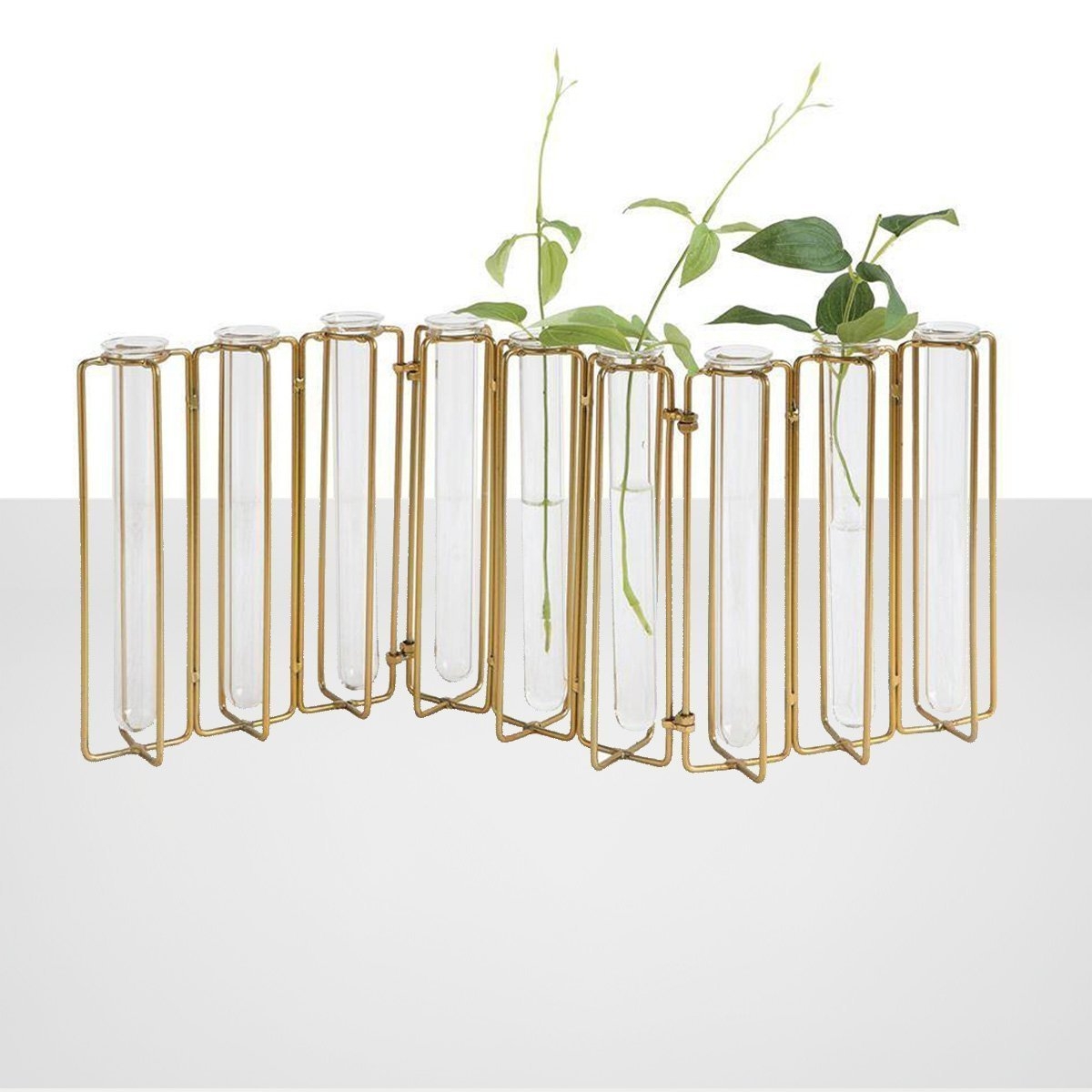 9 Test Tube Vases in a Single Gold Metal Stand - Image 1