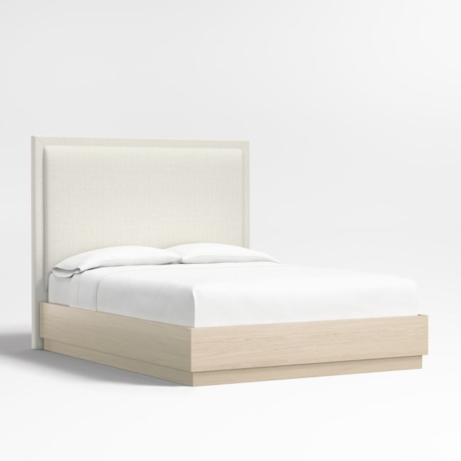 Meraux 56" Ivory Queen Upholstered Headboard with Batten White Oak Bed Base - Image 0