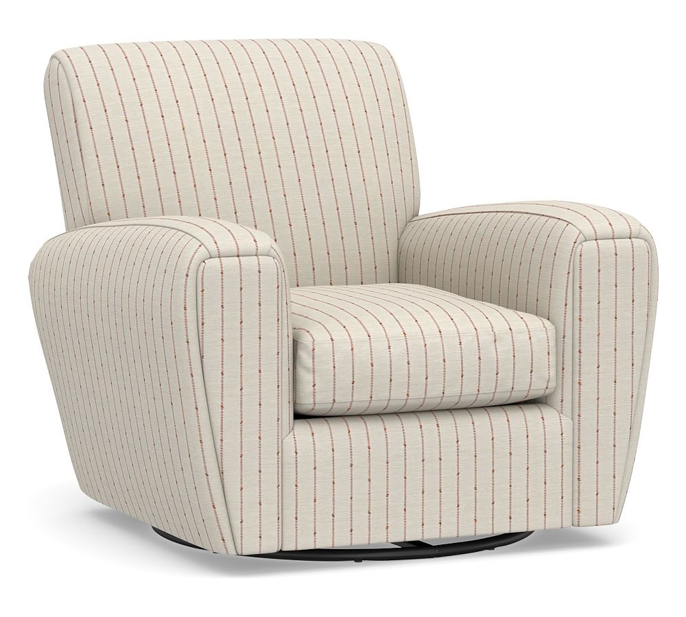 Manhattan Square Arm Upholstered Swivel Armchair, Polyester Wrapped Cushions, Slubby Pinstripe Red - Image 0
