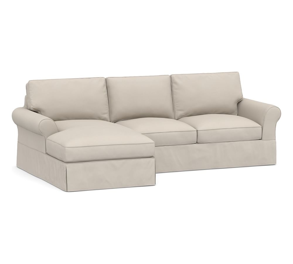 PB Comfort Roll Arm Slipcovered Right Arm Loveseat with Chaise Sectional, Box Edge Memory Foam Cushions, Performance Twill Stone - Image 0