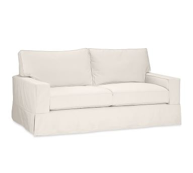 PB Comfort Square Arm Slipcovered Loveseat 61", Down Blend Wrapped Cushions, Performance Heathered Basketweave Alabaster White - Image 3