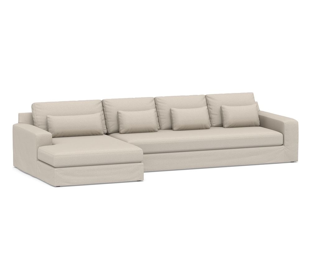 Big Sur Square Arm Slipcovered Deep Seat Right Arm Grand Sofa with Wide Chaise Sectional and Bench Cushion, Down Blend Wrapped Cushions, Performance Chateau Basketweave Oatmeal - Image 0