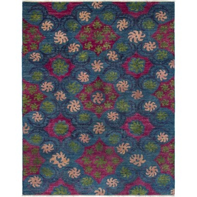 One-of-a-Kind Iadrik Hand-Knotted 2010s Mogul Blue/Pink 9'3" x 11'9" Wool Area Rug - Image 0
