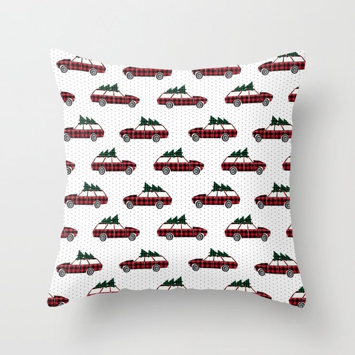 Plaid Station Wagon Suv Christmas Tree Vintage Inspired Christmas Pattern Throw Pillow by Charlottewinter - Cover (20" x 20") With Pillow Insert - Indoor Pillow - Image 0