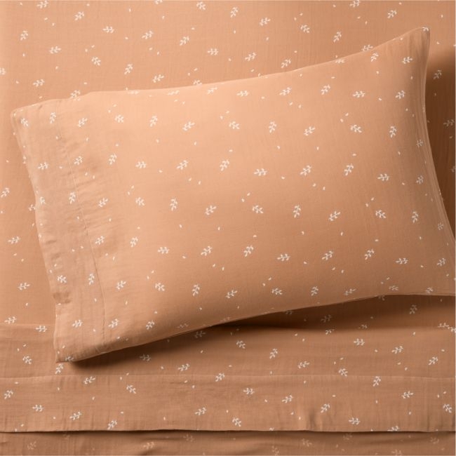 Supersoft Terracotta Leaf Print 100% Organic Cotton Gauze Kids Twin Sheet Set - Image 0