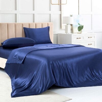 Satin Sheets Queen  Soft Silk Bed Sheets  Navy Blue Silk Sheet With 1 Deep Pocket Fitted Sheet & 1 Flat Sheet & 2 Silky Satin Pillowcases - Image 0