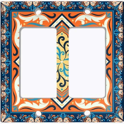 Metal Light Switch Plate Outlet Cover (Orange Floral Tile Blue Frame   - Double Rocker) - Image 0