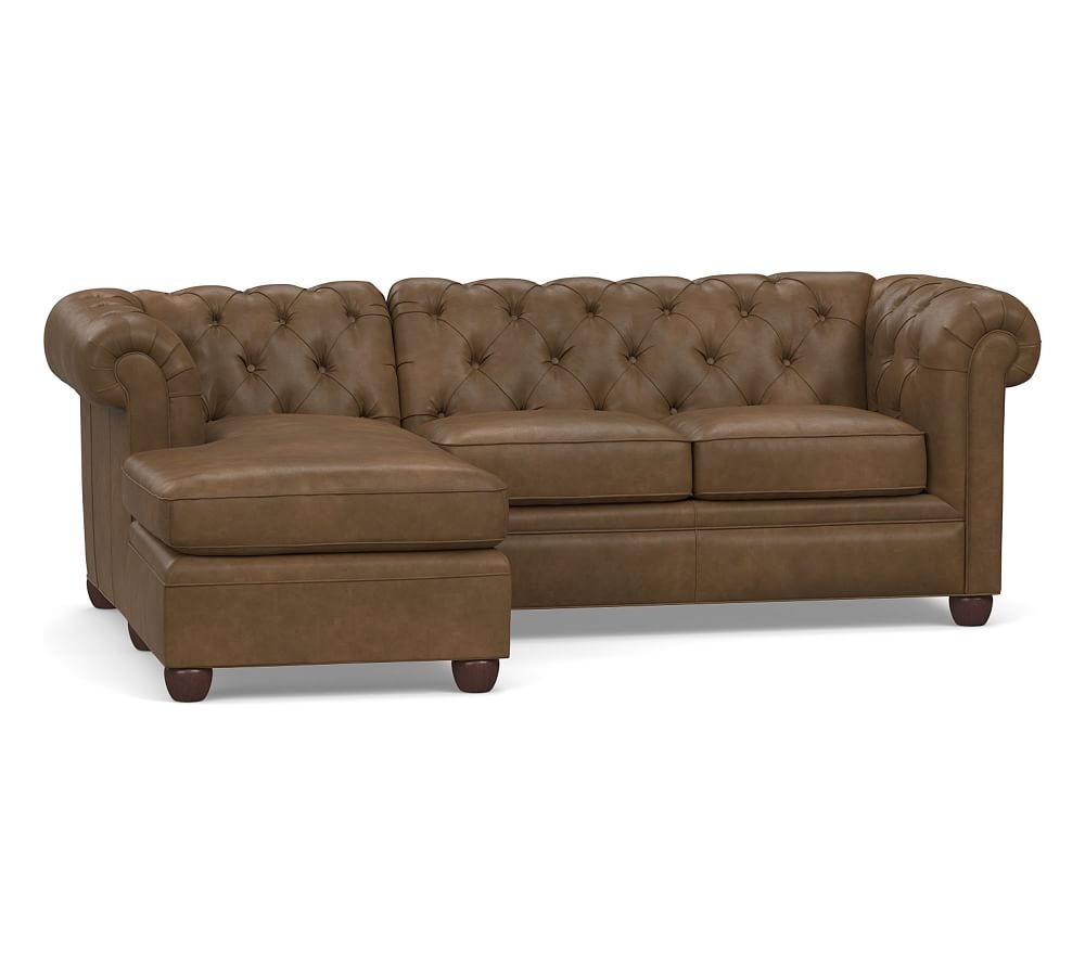 Chesterfield Roll Arm Leather Right Arm 2-Piece Sectional With Chaise, Polyester Wrapped Cushions, Churchfield Chocolate - Image 0