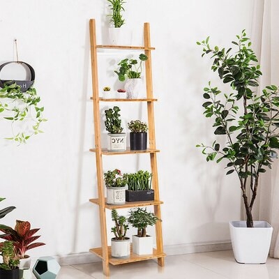 5-Tier Ladder Shelf Modern Bamboo Leaning Bookshelf Ladder Bookcase - Image 0