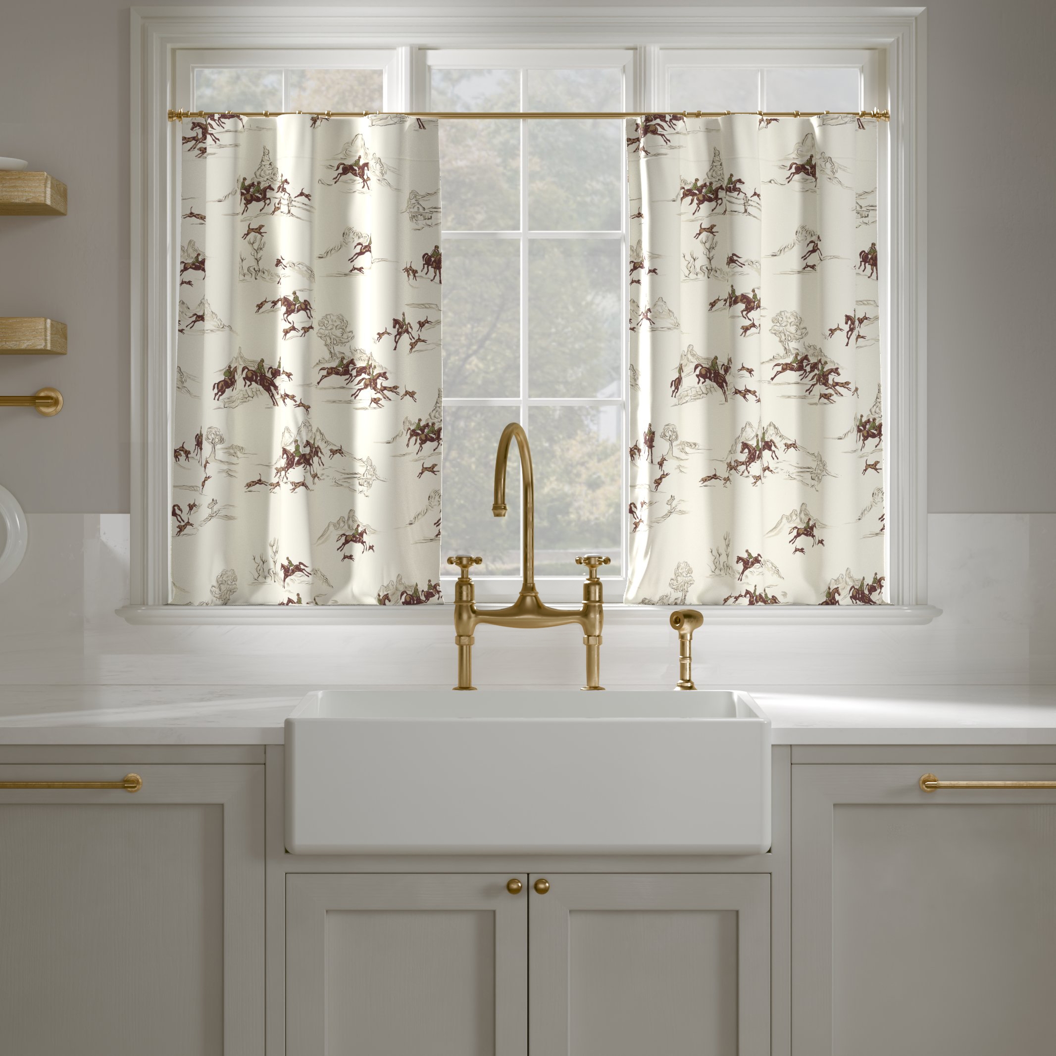 Printed Linen Café Curtain, Green Cotswold Hunt, 25" x 24", Privacy - Image 0