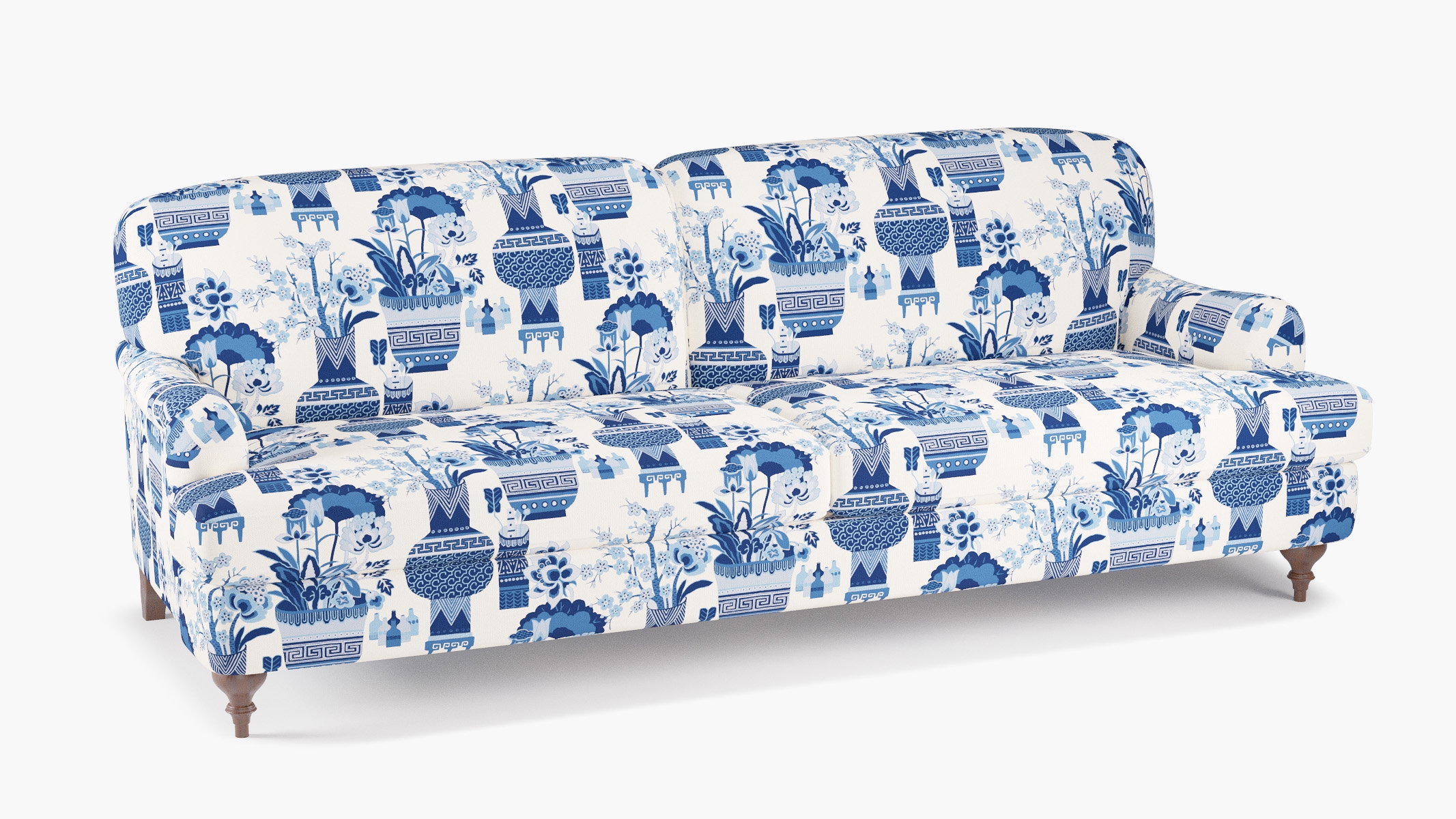 English Roll Arm Sofa, Delft Kan-Shie, Walnut Turned Wood Leg - Image 1