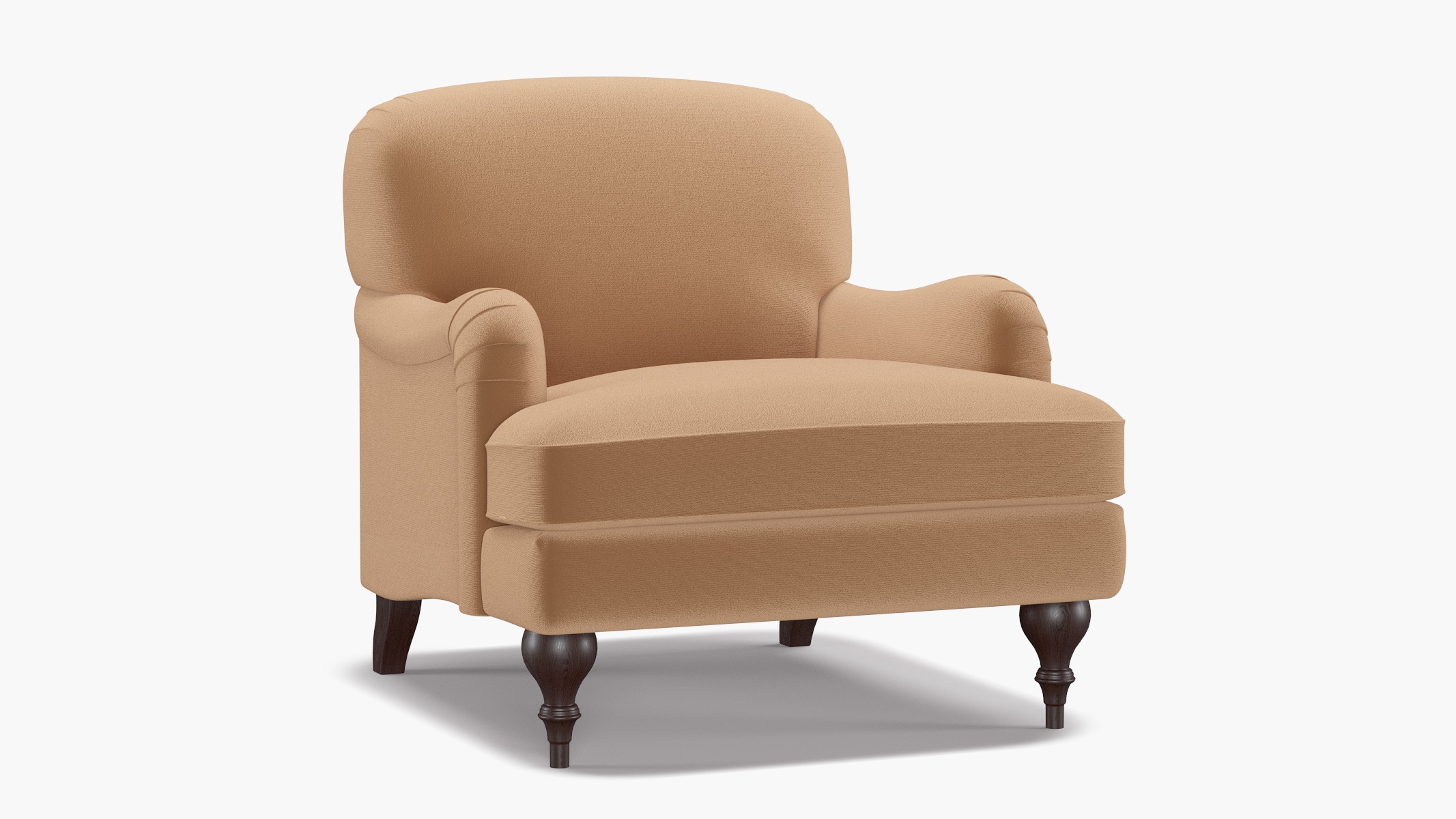 English Roll Arm Chair, Camel Performance Plush Velvet, Espresso Turned Wood Leg - Image 1